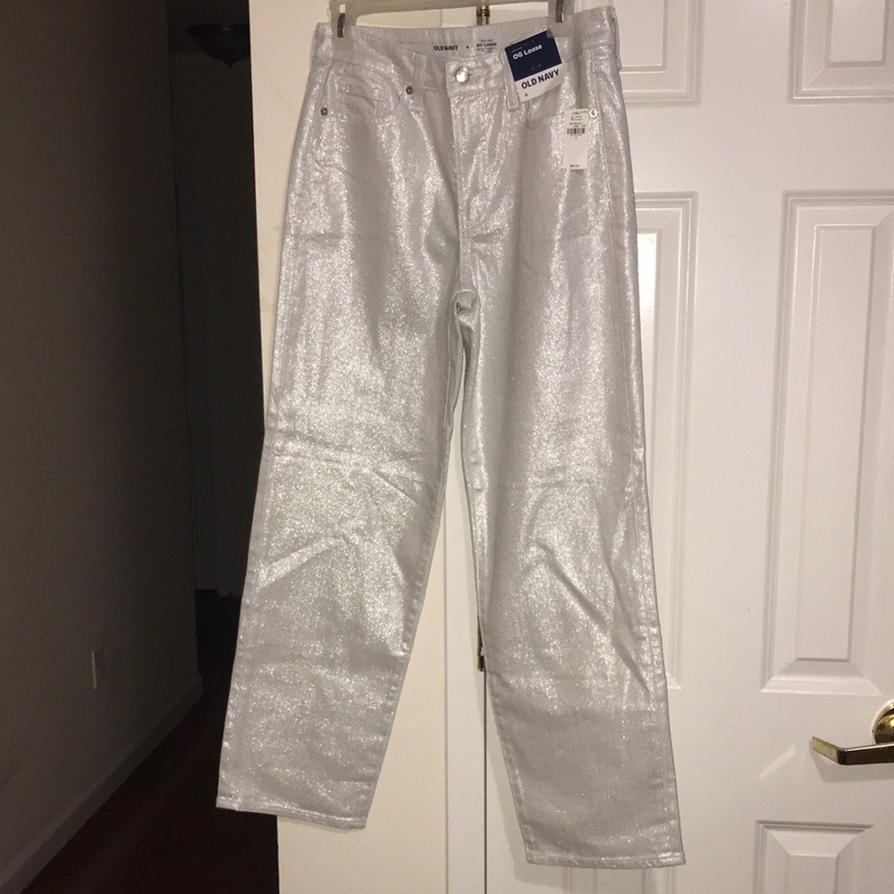 NWT Old Navy shimmering Silver High-Rise OG Loose Statement Jeans